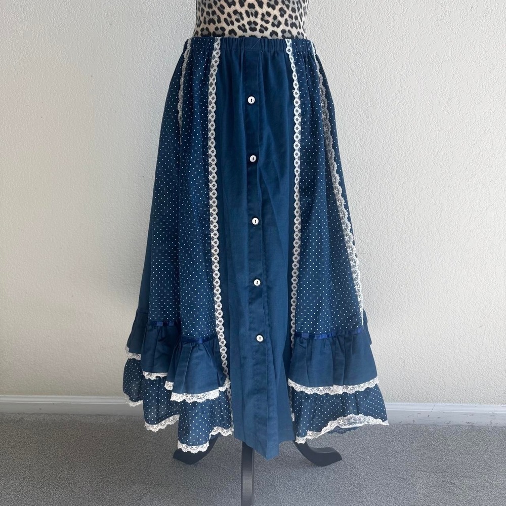 Carefree Fashions vintage blue polka dot maxi skirt